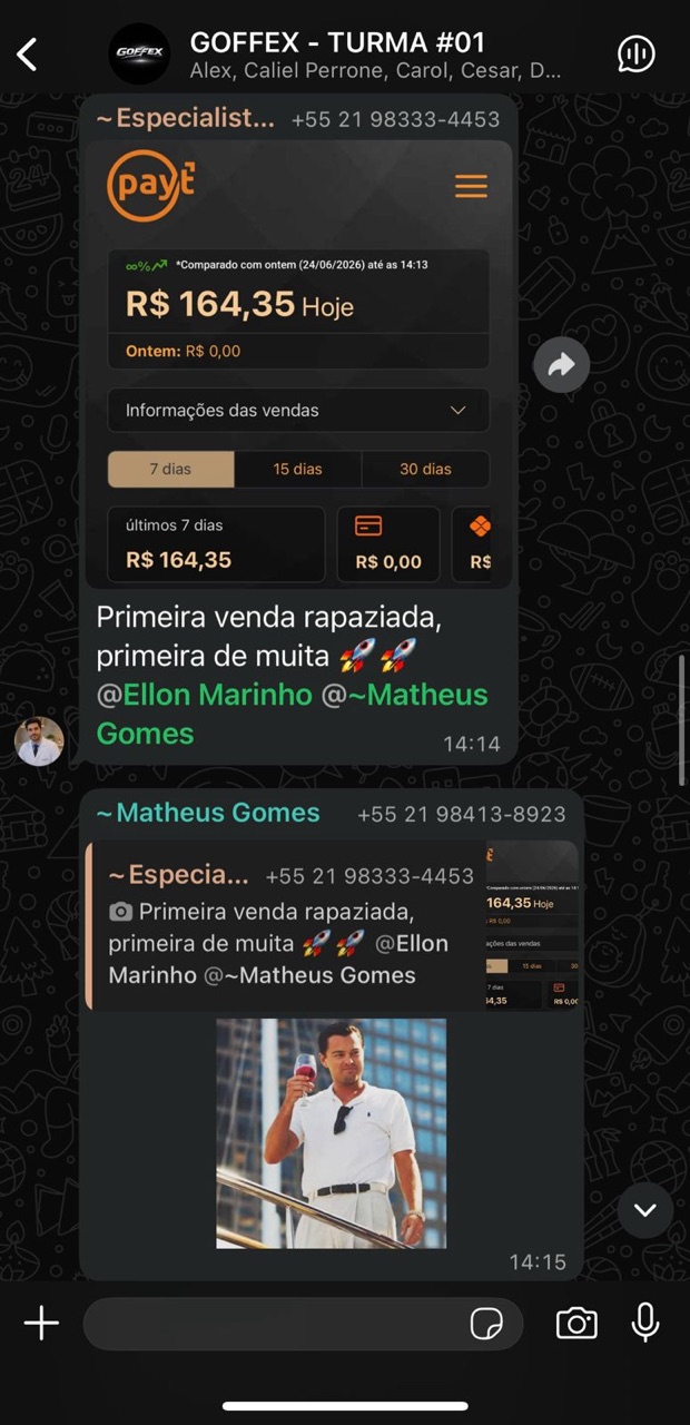 Aluno relatando primeira venda no grupo · GOFFEX